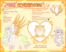 Size: 5400x4300 | Tagged: safe, artist:greenmaneheart, imported from derpibooru, oc, oc only, oc:purity heartbeating, pegasus, pony, absurd resolution, colored wings, eyebrows, eyebrows visible through hair, female, mare, multicolored wings, open mouth, open smile, pegasus oc, reference sheet, signature, smiling, solo, spread wings, wings