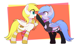 Size: 2880x1620 | Tagged: safe, artist:thebatfang, oc, oc only, oc:lucky roll, oc:sweet cream, bat pony, pegasus, pony, bat pony oc, bat wings, boop, clothes, cute, female, females only, garter belt, mare, mutual booping, pegasus oc, scarf, simple background, smiling, socks, surprised, vest, wings