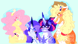 Size: 3200x1800 | Tagged: safe, artist:punkpride, imported from twibooru, applejack, fluttershy, rarity, twilight sparkle, alicorn, earth pony, pegasus, pony, unicorn, alternate design, appleshy, blue background, blushing, coat markings, fangs, female, flarity, glasses, image, lesbian, lesbian pride flag, mare, png, polyamory, pride, pride flag, rarijack, rarilight, shipping, simple background, smiling, transgender pride flag, twijack, twishy, twitterina design, ugly