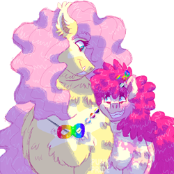 Size: 2000x2000 | Tagged: safe, artist:punkpride, imported from twibooru, fluttershy, pinkie pie, earth pony, pegasus, pony, autism, coat markings, ear tufts, female, flutterpie, image, jewelry, lesbian, lesbian pride flag, looking at each other, necklace, nonbinary pride flag, pansexual pride flag, png, pride, pride flag, shipping, simple background, smiling, transgender pride flag, ugly, white background