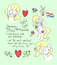 Size: 1060x1196 | Tagged: safe, artist:neccanon, oc, oc only, oc:joyful gyre, pegasus, female, green background, implied aryanne, mare, netherlands, simple background, solo, text, tulip, windmill, windmill of friendship