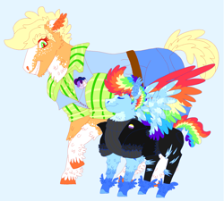 Size: 2000x1800 | Tagged: safe, artist:punkpride, imported from twibooru, applejack, rainbow dash, earth pony, pegasus, pony, alternate design, appledash, blue background, clothes, coat markings, colored hooves, colored wings, eyes closed, facial markings, feathered fetlocks, female, height difference, hoof fluff, image, jeans, lesbian, male, mare, multicolored wings, nonbinary pride flag, pants, png, pride, pride flag, rainbow wings, raised hoof, shipping, shirt, simple background, smiling, stallion, sweater, ugly, unshorn fetlocks, wings
