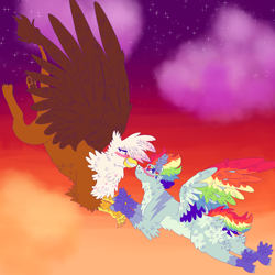 Size: 2000x2000 | Tagged: safe, artist:punkpride, imported from twibooru, gilda, rainbow dash, griffon, pegasus, pony, blushing, coat markings, colored wings, feathered wings, female, flying, gildash, holding hands, image, lesbian, looking at each other, multicolored wings, png, rainbow wings, shipping, sky background, ugly, wings