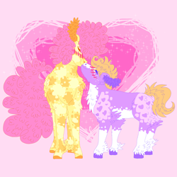 Size: 2000x2000 | Tagged: safe, artist:punkpride, imported from twibooru, li'l cheese, little mac, earth pony, pony, the last problem, alternate design, blushing, coat markings, colored hooves, facial markings, gay, height difference, hoof fluff, image, kissing, male, pale belly, pink background, png, shipping, simple background, socks (coat marking), ugly