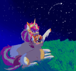 Size: 2900x2700 | Tagged: safe, artist:punkpride, imported from twibooru, sunburst, sunset shimmer, pony, unicorn, brother and sister, coat markings, female, foal, glasses, grass, headcanon, image, looking at the sky, lying down, male, night, night sky, png, pointing, raised hoof, siblings, sky, stars, sunny siblings, younger