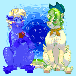 Size: 2000x2000 | Tagged: safe, artist:punkpride, imported from twibooru, pistachio, star tracker, earth pony, pony, alternate design, blue background, blushing, book, clothes, floating heart, gay, hat, heart, image, looking at each other, male, png, scarf, shipping, simple background, sitting, ugly