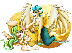 Size: 1500x1098 | Tagged: safe, artist:jamescorck, imported from derpibooru, princess celestia, oc, alicorn, anthro, pegasus, unguligrade anthro, abs, breasts, busty princess celestia, canon x oc, clothes, digital art, duo, female, glow, glowing horn, horn, kneeling, looking at each other, looking at someone, magic, male, pants, partial nudity, pecs, pegasus oc, shirt, simple background, spread wings, straight, tail, thighs, tickling, topless, transparent background, wings