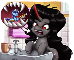 Size: 2480x2000 | Tagged: safe, artist:kingkakapo, king sombra, minuette, pony, unicorn, art pack:fangs out!, brushing teeth, colored horn, curved horn, fangs, female, horn, mare, micro, open mouth, queen umbra, rule 63, sink, sombra horn, sombra's cutie mark, tooth brush, umbra's cutie mark