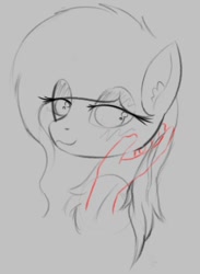 Size: 824x1128 | Tagged: safe, artist:shepardinthesky, pony, chest fluff, ear fluff, female, hand, mare, monochrome, simple background, sketch, smiling