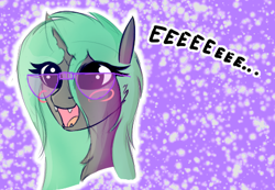 Size: 488x337 | Tagged: safe, artist:shepardinthesky, queen chrysalis, changeling, abstract background, blushing, chest fluff, fangs, female, glasses, mare, open mouth, smiling