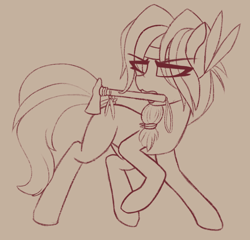 Size: 683x656 | Tagged: safe, artist:shepardinthesky, oc, oc only, earth pony, pony, axe, female, headband, mare, monochrome, mouth hold, raised hoof, simple background, sketch, walking, weapon