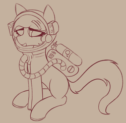 Size: 726x709 | Tagged: safe, artist:shepardinthesky, earth pony, pony, female, mare, monochrome, open mouth, simple background, sitting, sketch, smiling, spacesuit