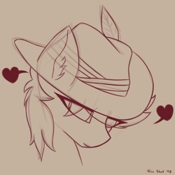 Size: 1010x1010 | Tagged: safe, artist:shepardinthesky, oc, oc only, pony, ear fluff, hat, monochrome, simple background, sketch, smiling