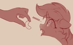 Size: 1253x772 | Tagged: safe, artist:shepardinthesky, bat pony, pony, cheeto, fangs, female, hand, mare, monochrome, open mouth, simple background, sketch, tongue out