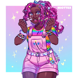 Size: 1024x1024 | Tagged: safe, artist:miottex, imported from twibooru, pinkie pie, human, equestria girls, belt, blackwashing, bow, bracelet, clothes, dark skin, gradient background, hair bow, hairclip, humanized, image, jewelry, needs more jpeg, open mouth, overalls, ponytail, shirt, solo, sparkles, sticker, t-shirt