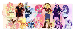 Size: 1280x545 | Tagged: safe, artist:foxklt, imported from twibooru, applejack, fluttershy, pinkie pie, rainbow dash, rarity, spike, sunset shimmer, twilight sparkle, alicorn, earth pony, pegasus, pony, unicorn, equestria girls, accessories, alicornified, alternate design, antlers, applejack's hat, arm warmers, balloon, bandage, belt, book, bow, braid, clenched fist, clothes, coat markings, collar, colored hooves, colored wings, cowboy hat, devil horn (gesture), dress, ear piercing, earring, fake ears, feathered fetlocks, female, fingerless gloves, flower, flower in hair, gloves, gradient wings, hair bow, hairclip, hand on hip, hat, horn, image, jacket, jeans, jewelry, lesbian pride flag, line-up, looking at you, looking back, looking back at you, mane seven, mane six, multicolored wings, nail polish, necklace, necktie, open mouth, overalls, painted nails, pants, piercing, plaid shirt, plaid skirt, png, pony ears, pride, pride flag, race swap, redesign, ripped jeans, ripped stockings, shimmercorn, shirt, shoes, shorts, shoulder bag, skirt, skull, smiling, socks, spiked collar, tail feathers, tanktop, tongue out, tongue piercing, unshorn fetlocks, wall of tags, watermark, winged hooves, wings, wristband