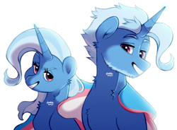 Size: 678x498 | Tagged: safe, artist:foxklt, imported from twibooru, trixie, pony, unicorn, facial hair, female, image, looking at you, male, mare, png, pride, pride flag, rule 63, simple background, smiling, solo, stallion, transgender, transgender pride flag, transparent background, tristan