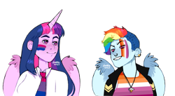 Size: 921x504 | Tagged: safe, artist:foxklt, imported from twibooru, rainbow dash, twilight sparkle, human, equestria girls, alternate hairstyle, bisexual pride flag, clothes, ear piercing, face paint, female, horn, horned humanization, humanized, image, jacket, jewelry, lesbian pride flag, lip bite, looking at you, necklace, necktie, nose piercing, nose ring, piercing, png, pride, pride flag, shirt, simple background, smiling, smirk, transparent background, winged humanization, wings