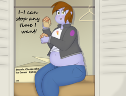 Size: 3180x2426 | Tagged: safe, artist:lupin quill, imported from derpibooru, oc, oc:neon sprinkles, human, equestria girls, bbw, belly, belly button, big belly, blatant lies, blushing, clothes, clothes hanger, crumbs, cupcake, denial, double chin, eating, fat, female, food, hiding, jacket, midriff, open mouth, solo, sweat, sweatdrop, thighs, thunder thighs, tight clothing, wardrobe malfunction