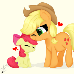 Size: 2000x2000 | Tagged: safe, artist:daftramms, imported from derpibooru, apple bloom, applejack, earth pony, pony, adorabloom, cute, duo, duo female, female, filly, foal, jackabetes, mare, nuzzling, siblings, simple background, sisters, white background