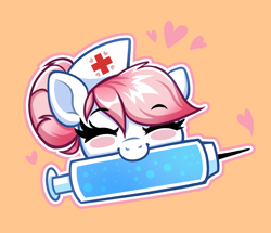 Size: 1478x1271 | Tagged: safe, artist:confetticakez, imported from derpibooru, nurse redheart, earth pony, pony, blushing, cute, eyes closed, female, heart, heartabetes, mare, mouth hold, open mouth, orange background, simple background, solo, syringe