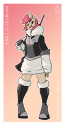 Size: 1772x3419 | Tagged: safe, artist:sneetymist, imported from derpibooru, oc, oc only, oc:sweet sundae, anthro, earth pony, unguligrade anthro, boots, clothes, female, fluffy, fluffy sweater, fur collar, gun, headband, jacket, mare, no tail, open mouth, rifle, shoes, simple background, smiling, solo, sweater, text, uniform, weapon, winter outfit