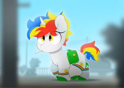 Size: 2553x1809 | Tagged: safe, artist:mochi_nation, imported from derpibooru, oc, oc only, oc:rubik star, pony, unicorn, bag, candy, clothes, eye clipping through hair, female, food, horn, lollipop, mare, mouth hold, pony oc, saddle bag, socks, solo focus, unicorn oc, walking