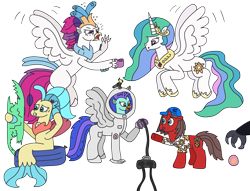 Size: 3201x2448 | Tagged: safe, artist:supahdonarudo, imported from derpibooru, princess celestia, princess skystar, queen novo, storm king, oc, oc:ironyoshi, oc:sea lilly, alicorn, bird, classical hippogriff, cockatiel, hippogriff, pony, seapony (g4), unicorn, my little pony: the movie, atg 2022, bite mark, chaos, clothes, coffee mug, controller, exhausted, hand, hat, holding, jewelry, mug, necklace, newbie artist training grounds, nintendo 64, pearl, perching, queen novo's orb, shirt, simple background, spacesuit, surfboard, swimming pool, tired, transparent background