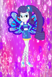 Size: 945x1404 | Tagged: safe, artist:ketrin29, artist:user15432, imported from derpibooru, rarity, fairy, human, equestria girls, alternate hairstyle, barefoot, barely eqg related, base used, belly button, clothes, crossover, cutie mark on clothes, diamond, enchantix, fairy wings, fairyized, feet, gloves, hand on hip, hibiscus, jewelry, long gloves, long hair, looking at you, pink background, ponied up, ponytail, purple background, purple wings, simple background, solo, sparkly background, sparkly wings, wings, winx, winx club, winxified