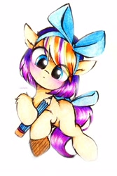 Size: 2143x3205 | Tagged: safe, artist:liaaqila, imported from derpibooru, oc, oc only, oc:qilala, pegasus, pony, blushing, bow, hair bow, hoof hold, pegasus oc, pencil, simple background, solo, tail, tail bow, traditional art, white background, wingless