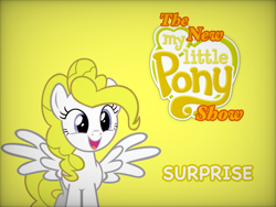 Size: 1024x768 | Tagged: safe, artist:tony hasbro, imported from derpibooru, surprise, pegasus, pony, series:the new my little pony show, adoraprise, crossover, cute, female, g1, g1 to g4, g4, generation leap, mare, open mouth, open smile, parody, simple background, smiling, solo, text, the new woody woodpecker show, voice, white text, woody woodpecker (series), yellow background