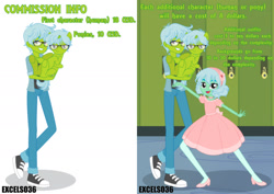 Size: 1870x1322 | Tagged: safe, artist:excelso36, imported from derpibooru, oc, oc only, oc:alexa, oc:excelso, human, pony, equestria girls, advertisement, canterlot high, clothes, commission info, converse, dress, glasses, high heels, human ponidox, lockers, self paradox, self ponidox, shoes, smiling