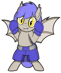 Size: 1500x1800 | Tagged: safe, artist:toyminator900, imported from derpibooru, oc, oc:midnight punch, bat pony, boxing, boxing gloves, female, looking at you, simple background, sports, transparent background, trunks