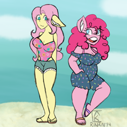 Size: 2048x2048 | Tagged: safe, artist:mintymelody, imported from derpibooru, fluttershy, pinkie pie, anthro, plantigrade anthro, beach, breasts, busty fluttershy, busty pinkie pie, cleavage, clothes, ear fluff, feet, flip-flops, nail polish, sandals, swimsuit, toenail polish