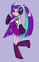 Size: 1574x2480 | Tagged: safe, artist:aanotherpony, imported from derpibooru, aria blaze, human, equestria girls, ariatsune miku, clothes, cosplay, costume, crossover, female, hatsune miku, purple background, simple background, skirt, solo, vocaloid