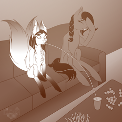 Size: 2000x2000 | Tagged: safe, artist:digitaldrawingmachine, imported from derpibooru, oc, earth pony, fox, fox pony, hybrid, original species, pony, chest fluff, clothes, drinking straw, facehoof, fox ears, fox tail, kitsune, kitsune pony, monochrome, short shirt, tail