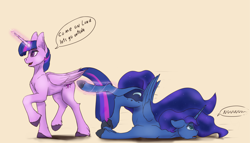 Size: 1600x915 | Tagged: safe, artist:tenebrisnoctus, imported from derpibooru, princess luna, twilight sparkle, alicorn, pony, adorable distress, atg 2022, beige background, butt, cute, dragging, duo, face down ass up, female, glowing, glowing horn, horn, magic, mare, newbie artist training grounds, nu, plot, simple background, telekinesis, twilight sparkle (alicorn)