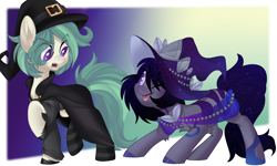 Size: 3500x2100 | Tagged: safe, artist:xvostik, imported from derpibooru, oc, oc only, oc:coven, oc:misty fortune, earth pony, pony, female, hat, male, mare, simple background, stallion