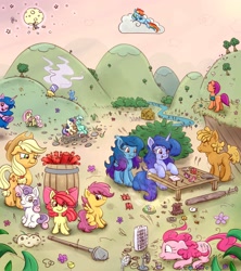Size: 1778x2000 | Tagged: safe, artist:nedemai, imported from derpibooru, apple bloom, applejack, bon bon, derpy hooves, fluttershy, izzy moonbow, lyra heartstrings, pinkie pie, rainbow dash, scootaloo, sunny starscout, sweetie belle, sweetie drops, trixie, oc, oc:nedi, bat pony, earth pony, pegasus, pony, unicorn, apple bloom's bow, applejack's hat, atg 2022, bag, barrel, baseball bat, bench, blank flank, bow, bracelet, broken clock, bush, clock, cloud, cowboy hat, crashed rocket, creek, cutie mark crusaders, drawing, dynamite, explosives, extension cord, fan, fans, female, fence, filly, flower, foal, g4, g5, gear, hair bow, hat, hill, house, jewelry, keeping cool, looking at something, mare, moon, mountain, newbie artist training grounds, plant, please tag the glowy thing by the ticket and tag it and replace this tag with that tag, relaxing, rock, rocket, saddle bag, screw, shovel, sitting, sky, standing, stars, straw, super nintendo, table, this will end in explosions, ticket, tree, ufo, wall of tags, water, water cup