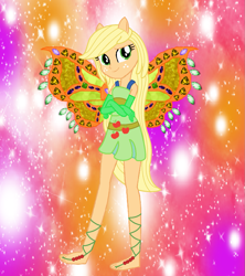 Size: 1147x1289 | Tagged: safe, artist:flormoonlight, artist:user15432, imported from derpibooru, applejack, fairy, human, equestria girls, alternate hairstyle, barefoot, barely eqg related, base used, clothes, crossed arms, crossover, cutie mark on clothes, dress, enchantix, fairy wings, fairyized, feet, gloves, gradient background, green dress, long gloves, long hair, looking at you, orange background, orange wings, pink background, ponied up, purple background, simple background, solo, sparkly background, wings, winx, winx club, winxified