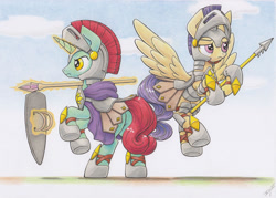 Size: 1024x732 | Tagged: safe, artist:xeviousgreenii, imported from derpibooru, oc, oc only, oc:cerise breeze, oc:diskette drives, pegasus, pony, unicorn, armor, armor skirt, duo, female, flying, helmet, horseshoes, levitation, magic, magic aura, male, mare, pink eyes, purple mane, purple tail, red mane, red tail, royal guard, scepter, shield, skirt, spear, spread wings, stallion, tail, telekinesis, traditional art, weapon, wings, yellow eyes