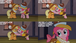 Size: 1280x720 | Tagged: safe, edit, edited screencap, editor:quoterific, imported from derpibooru, screencap, applejack, chancellor puddinghead, pinkie pie, smart cookie, earth pony, pony, hearth's warming eve (episode), season 2, boop, duo, eyes closed, female, mare, nose to nose, noseboop, open mouth, open smile, smiling, text