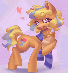 Size: 3710x4000 | Tagged: safe, artist:irinamar, imported from derpibooru, oc, oc only, earth pony, pony, abstract background, bag, bread, clothes, croissant, food, heart, paper bag, scarf, solo, striped scarf