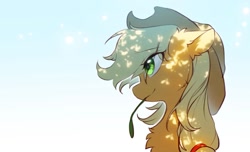 Size: 1505x914 | Tagged: safe, artist:swaybat, imported from derpibooru, applejack, earth pony, pony, applejack's hat, bust, chest fluff, cowboy hat, dappled sunlight, ear fluff, eye clipping through hair, female, hat, mare, mouth hold, portrait, simple background, solo, straw in mouth, white background