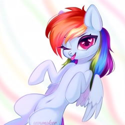 Size: 2334x2333 | Tagged: safe, artist:02vxmp, artist:minchyseok, artist:uwumakers, imported from derpibooru, rainbow dash, pegasus, pony, belly button, female, heart, heart eyes, lying down, mare, on back, one eye closed, simple background, solo, tongue out, wingding eyes, wink