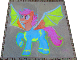 Size: 4195x3273 | Tagged: safe, alternate version, artist:malte279, imported from derpibooru, scootaloo, pegasus, pony, artificial wings, augmented, chalk, chalk drawing, clothes, galacon, galacon 2022, make a wish, simple background, solo, traditional art, transparent background, uniform, wings, wonderbolts uniform