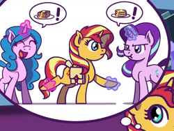 Size: 1800x1350 | Tagged: safe, artist:flutterluv, imported from derpibooru, part of a set, izzy moonbow, starlight glimmer, sunset shimmer, pony, unicorn, :t, atg 2022, bag, butter, exclamation point, eyes closed, female, food, g5, glowing, glowing horn, horn, magic, mare, newbie artist training grounds, open mouth, open smile, pancakes, part of a series, saddle bag, smiling, speech bubble, syrup, telekinesis, thought bubble, waffle