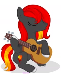 Size: 1280x1570 | Tagged: safe, artist:hoochuu, imported from derpibooru, oc, oc only, earth pony, pony, commission, earth pony oc, eyes closed, female, guitar, mare, musical instrument, simple background, solo, unshorn fetlocks, white background, ych result