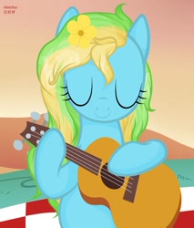 Size: 1280x1501 | Tagged: safe, artist:hoochuu, imported from derpibooru, oc, oc only, earth pony, pony, commission, earth pony oc, female, flower, flower in hair, guitar, mare, musical instrument, smiling, solo, ych result