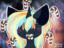 Size: 1280x960 | Tagged: safe, artist:hoochuu, imported from derpibooru, oc, oc only, pony, unicorn, abstract background, blush sticker, blushing, bust, candy, candy cane, commission, food, horn, mouth hold, solo, unicorn oc, ych result